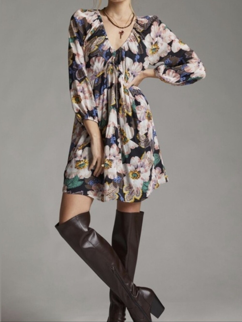Anthropologie Floral V-Neck Mini Dress - Size XS